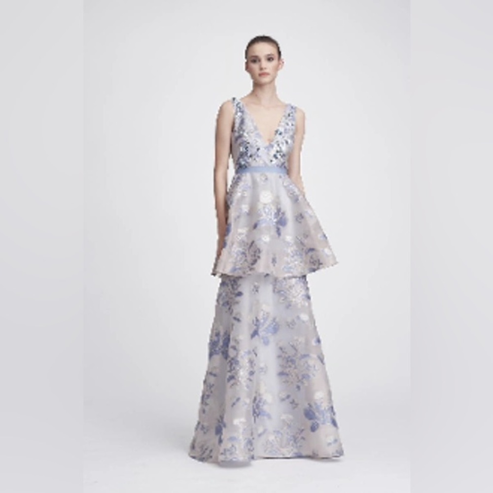 Marchesa Notte Light Blue Two-Tiered Long Dress